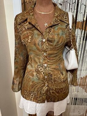Sere Nade New York Vintage 90s Pleated Paisley Blouse Brown Tan Retro